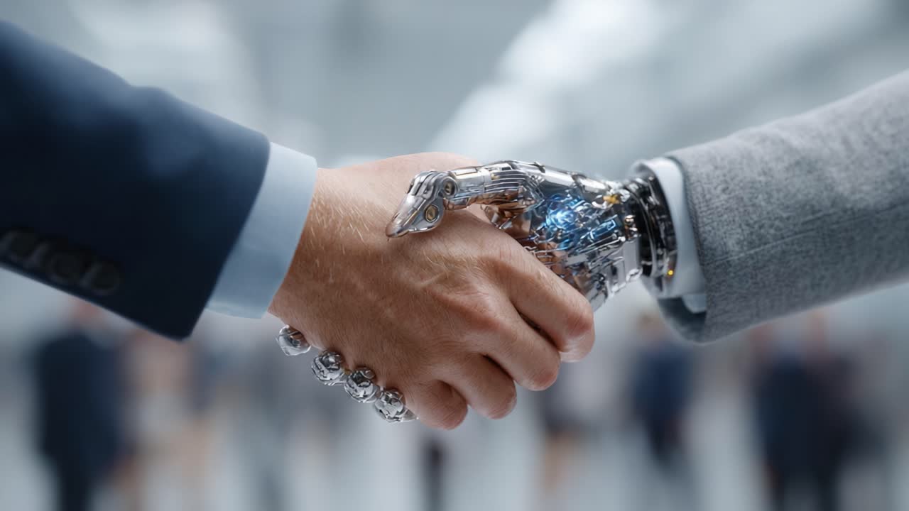 Un momento di unità: il potente simbolismo di una stretta di mano tra un umano e un robot, che rappresenta la collaborazione tra tecnologia e umanità in un ambiente futuristico