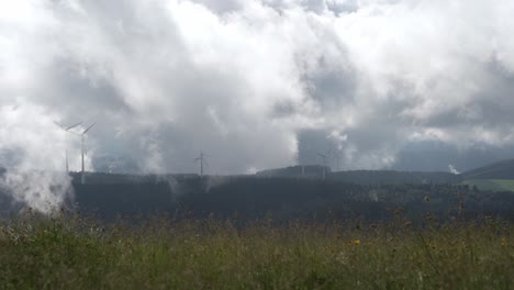 cloudy day with wind turbines on a distant mountain, surrounded by green meadows