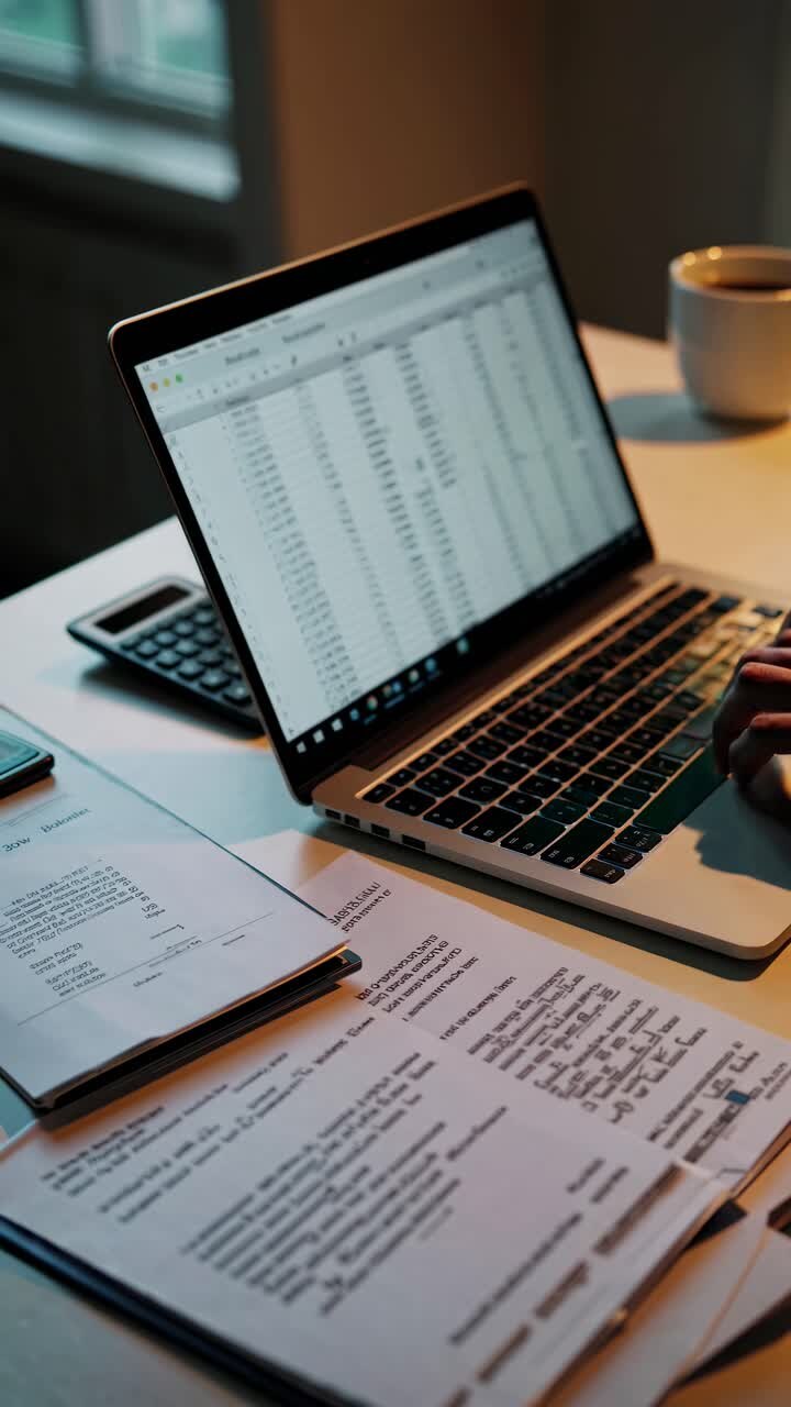 Overhead angle captures hands typing on a laptop with spreadsheets, papers, and a coffee cup