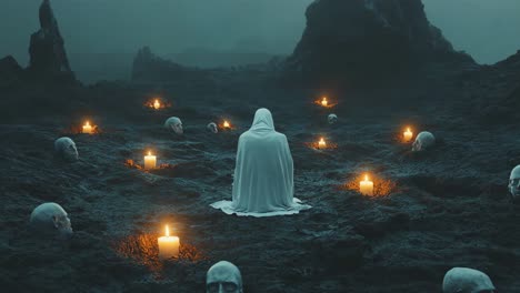 a solitary figure in a mystical, foggy landscape