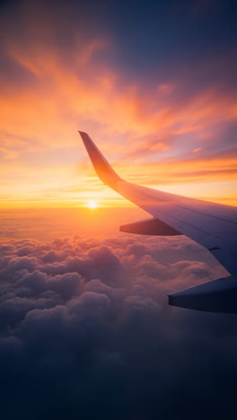 airplane wing above clouds at sunset