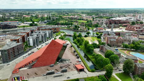 Aerial-view-of-Gdańsk,-featuring-the-modern-architecture-of-the-Polish-Museum-of-Second-World-War,-a-Ferris-wheel,-and-historic-buildings-along-the-Motława-River