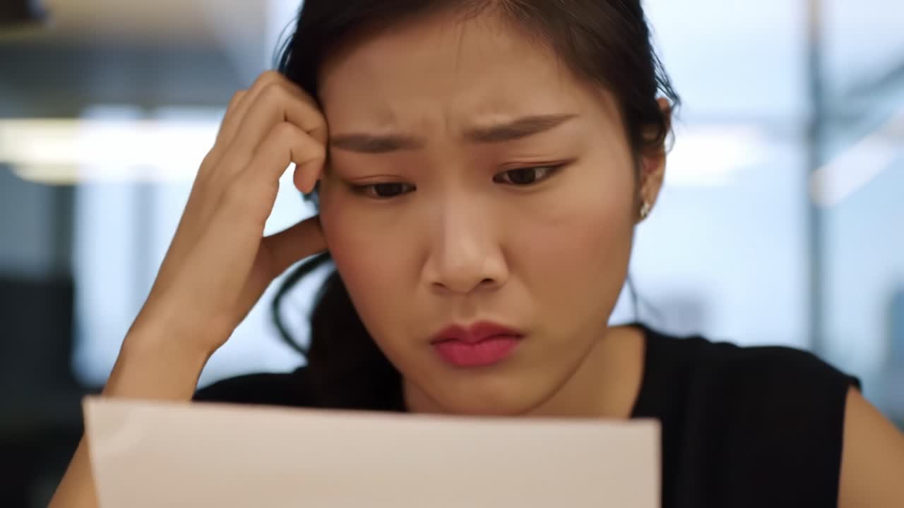 A woman sits at her desk in an office, visibly worried as she reads a document. Her expression reflects concern and confusion about the contents. The atmosphere indicates a serious moment.