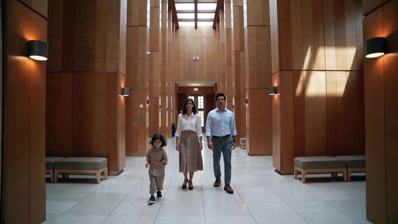 Trio familiare che cammina lungo un atrio rivestito in legno dall'estremità più lontana, dirigendosi verso l'uscita in abiti da lavoro.
