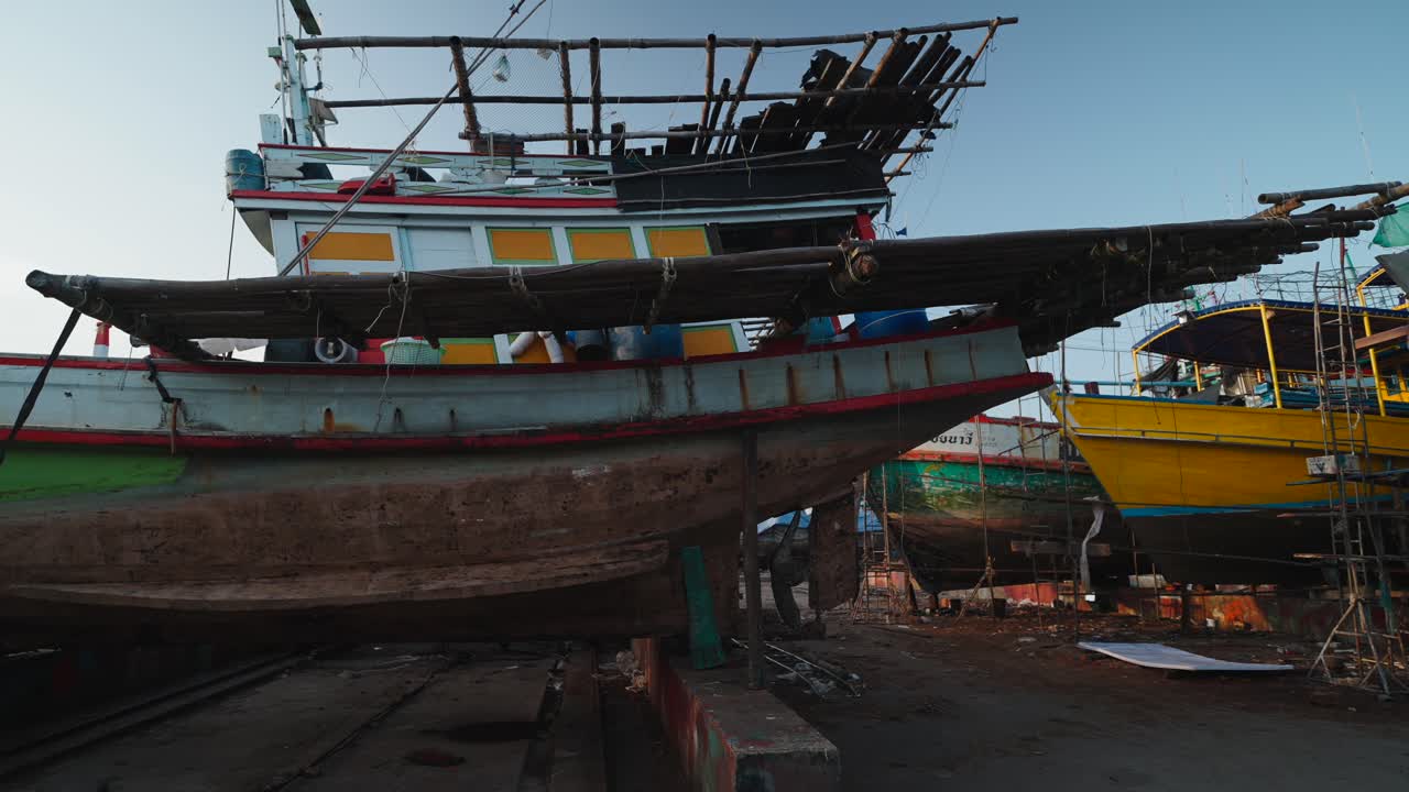 Fishing Boats Under Repair at a Shipyard
