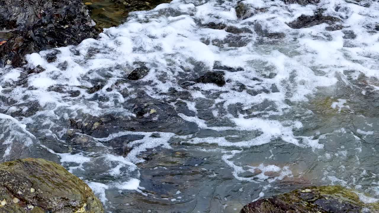 Ondas espumosas do oceano avançam e recuam sobre rochas costeiras escuras sob a luz natural do dia