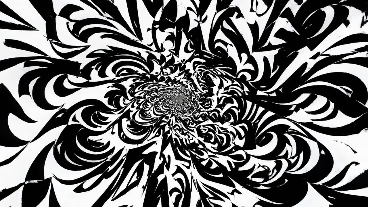 Motivo a spirale astratto in bianco e nero, visto da un angolo dall'alto, simile a un caleidoscopio