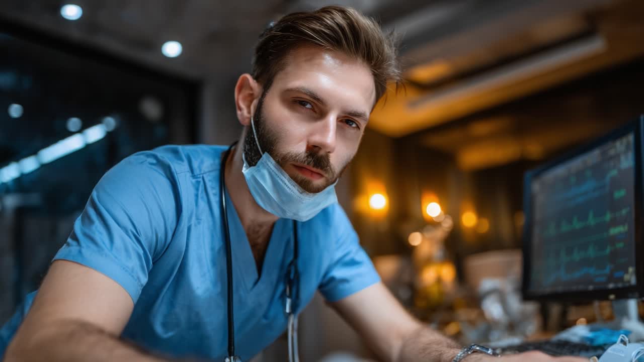 Professionista medico specializzato in camice, concentrato sulla cura del paziente con tecnologia di monitoraggio avanzata in un ambiente sanitario moderno