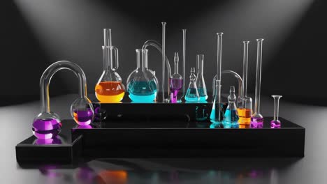 laboratory glassware with colorful liquids