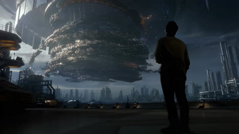 man gazing at a massive floating sci-fi city in the sky