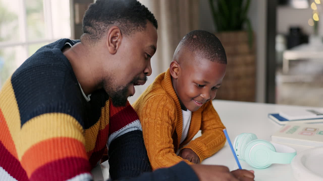 Black family, writing and father with child