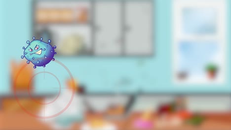 animated germs battle in a messy kitchen setting.
