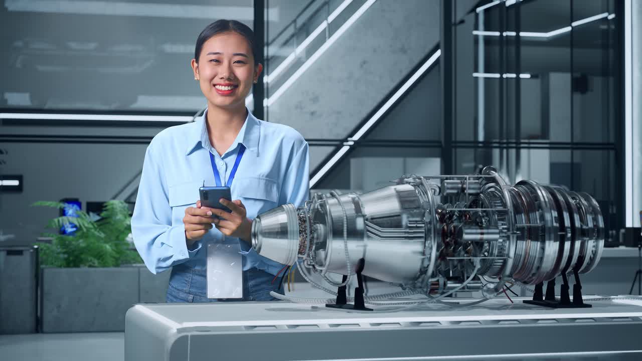 여성 엔지니어가 현대 사무실에서 제트 엔진 모델을 조사하고 있습니다.