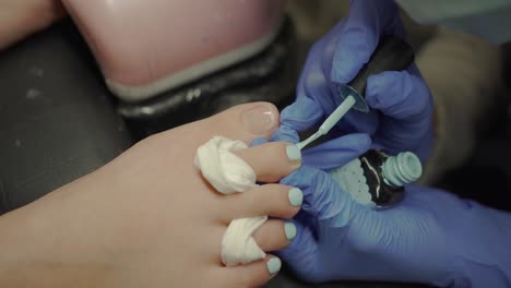 manicurist applying baby blue color nail polish on customer's toes nail