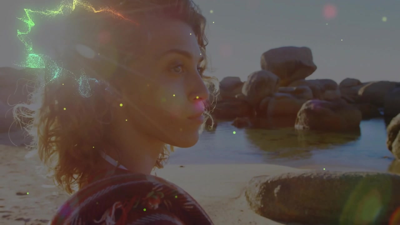 Lens flare and particle streak sweeping in, woman turning head, shifting center, reflecting calmly