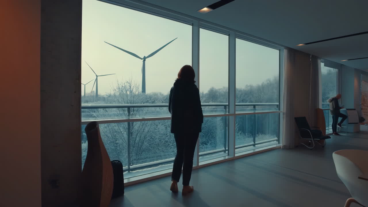Woman watches wind turbines from a modern window in a winter landscape