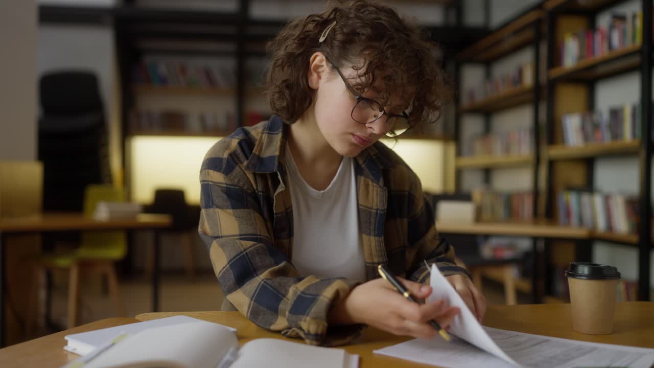 una chica morena con cabello rizado que usa gafas hace una prueba en una mesa en la biblioteca