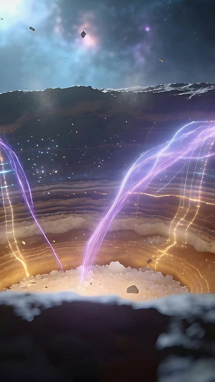 Vertical video: Blue points forming rim as crater pulling golden purple streams into core in space