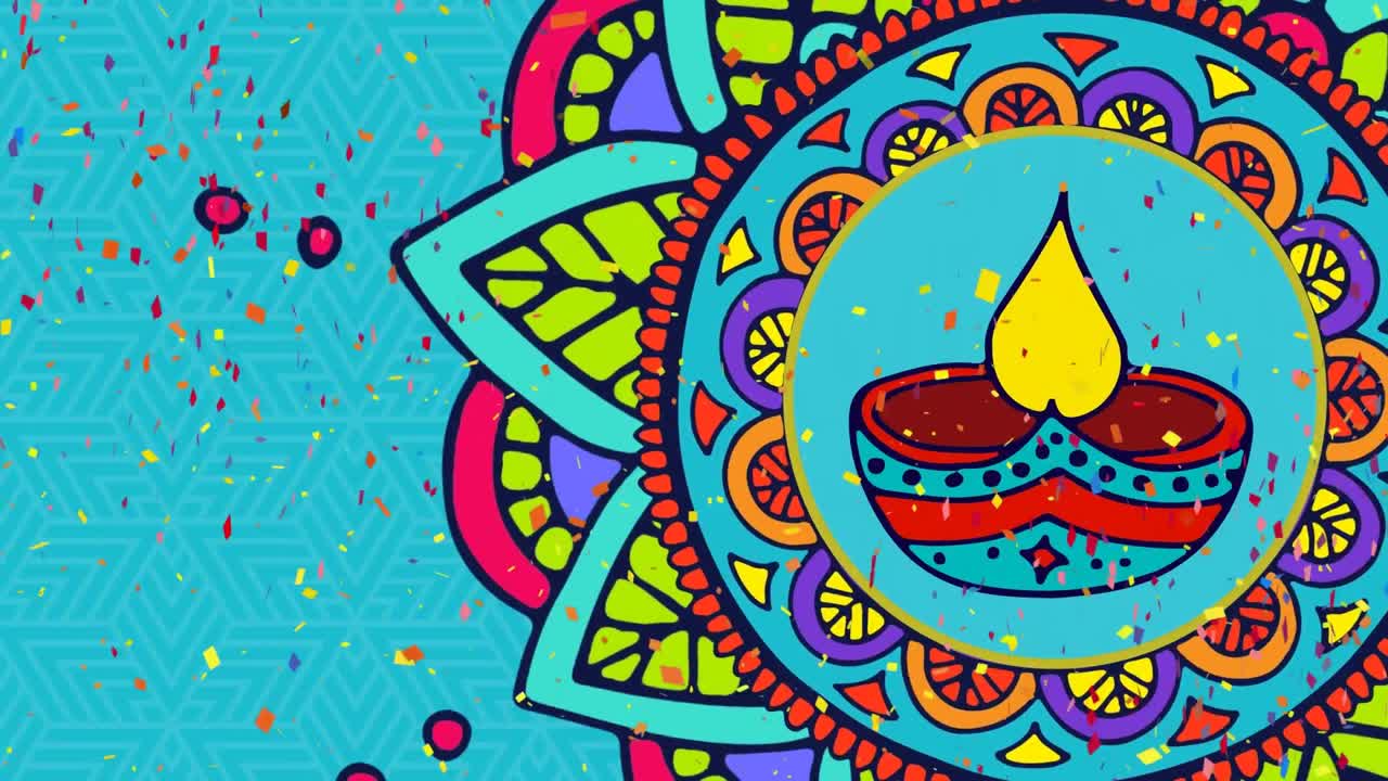Animazione di coriandoli colorati e candela in mandala su sfondo blu