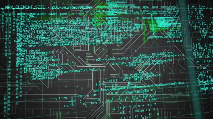 Animation of data processing over microprocessor connections against grey background