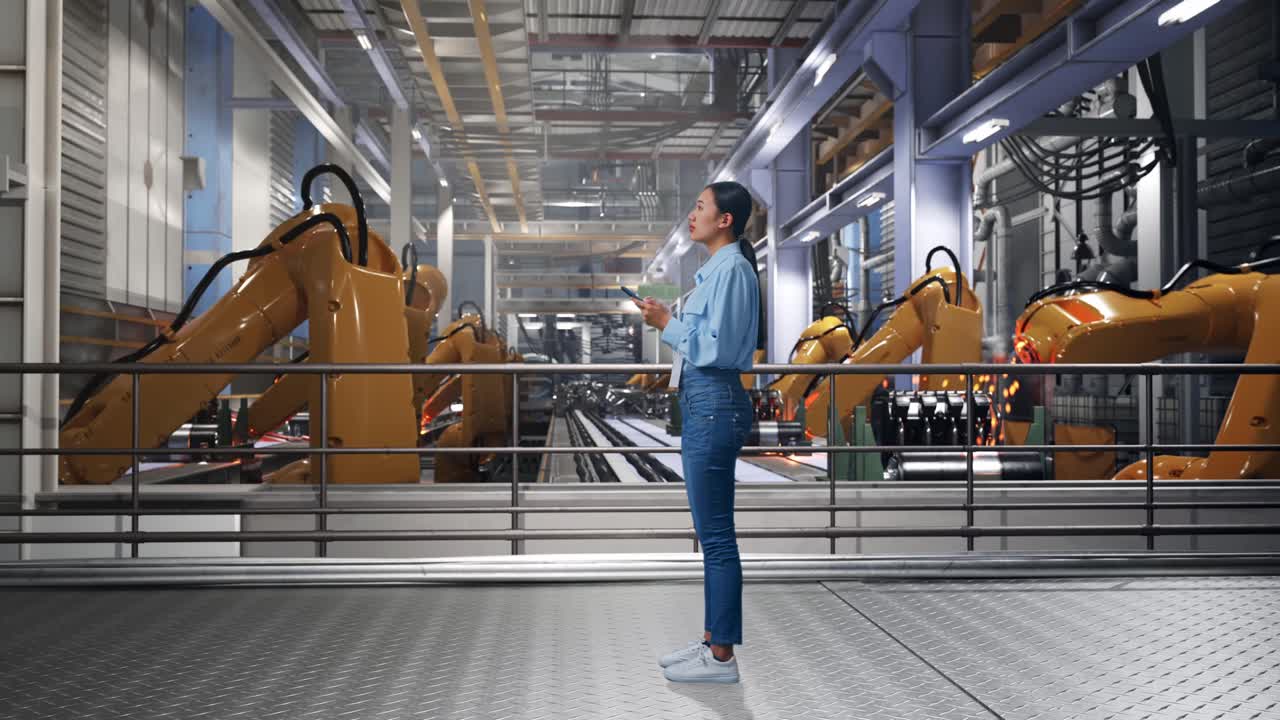 Full Body Side View Of Asian Female Worker With Her Phone With Industrial Robotic Arms Working, She Observes By Looking Around Before She Come To Concentrating With Her Smartphone