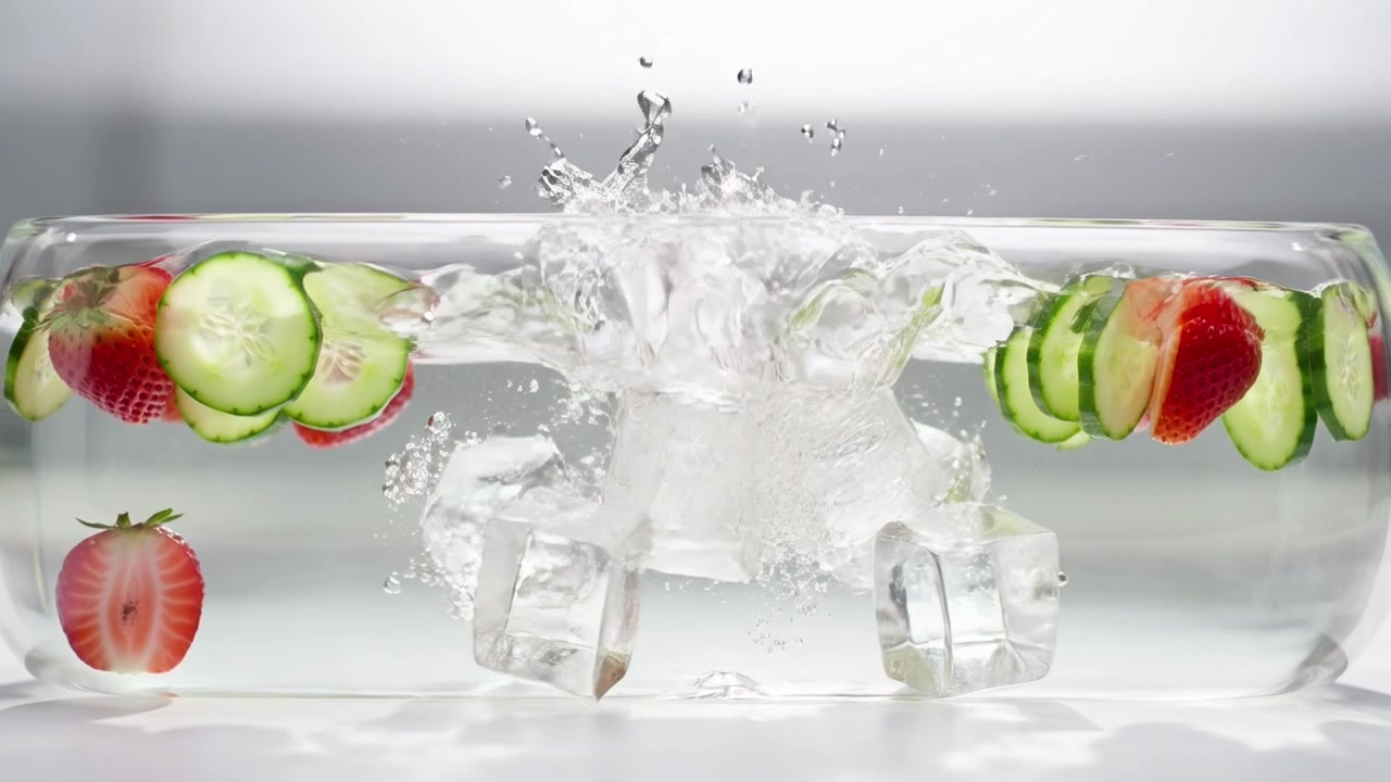 Eiswürfel fallen in eine Glasschale mit Erdbeer- und Gurken-infundiertem Wasser
