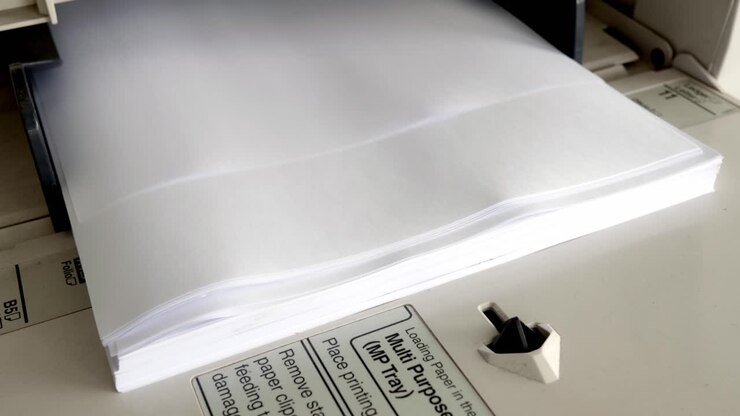 Close Up shot of Office printer document in the process are working and the sheets copier with white paper