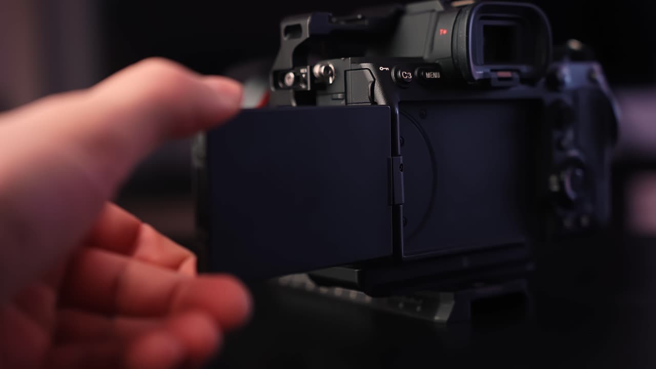 Una mano ruota il touchscreen ribaltabile su una fotocamera mirrorless, regolando l'angolo per il vlogging e la produzione cinematografica in luce da studio con una profondità di campo ridotta.