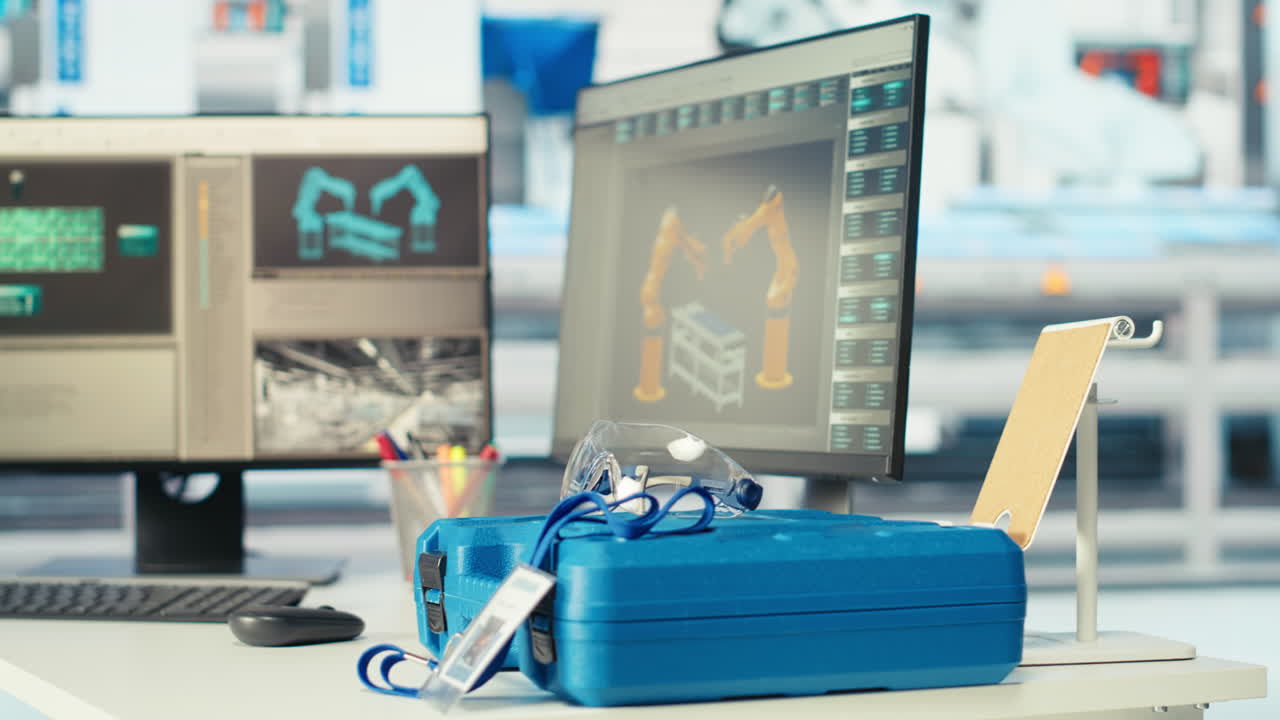 caja de herramientas en la planta de fabricación de paneles solares, de cerca