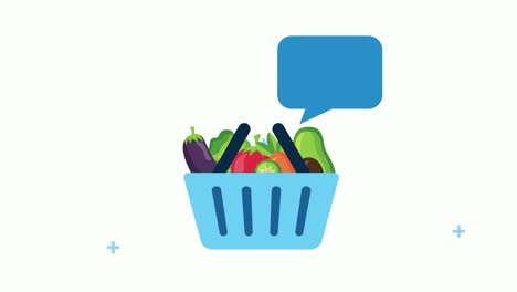 comida saludable en la canasta de la compra con burbuja de habla