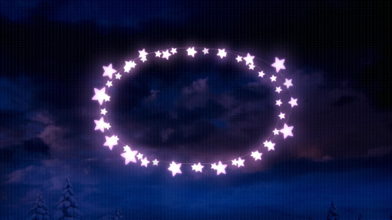 핑크색 별 모양의 요정 불빛이 밤하늘을 배경으로 겨울 풍경의 나무 위에