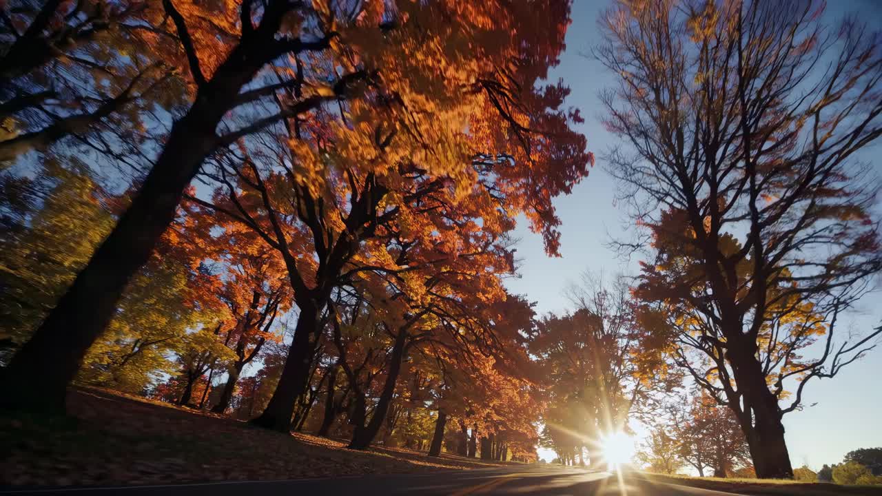 Low-angle video captures a scenic autumn road lined with vibrant trees, sunlight peeking