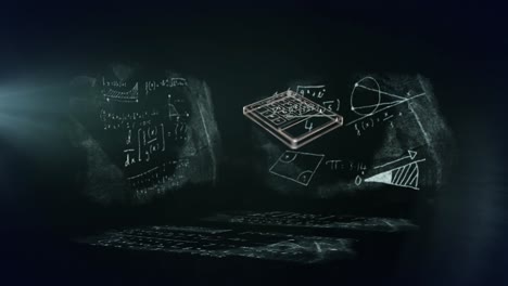 animation of school icons over mathematical equations on black background