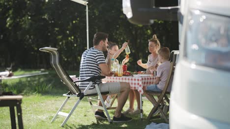 video de mano de la familia disfrutando del almuerzo en el picnic del campista