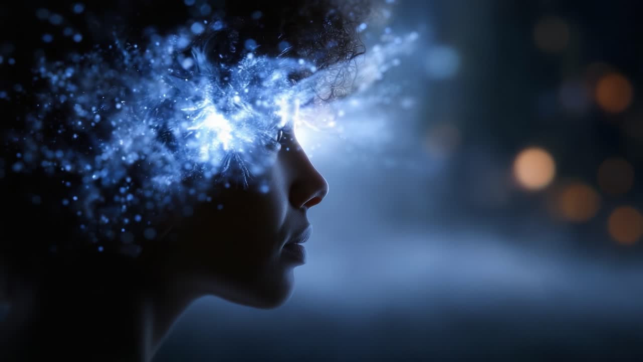 Une représentation fascinante d’énergie éthérée émanant de la tête d’un individu, mettant en valeur un mélange de créativité, d’imagination et de la puissance de la pensée entrelacées avec la lumière.