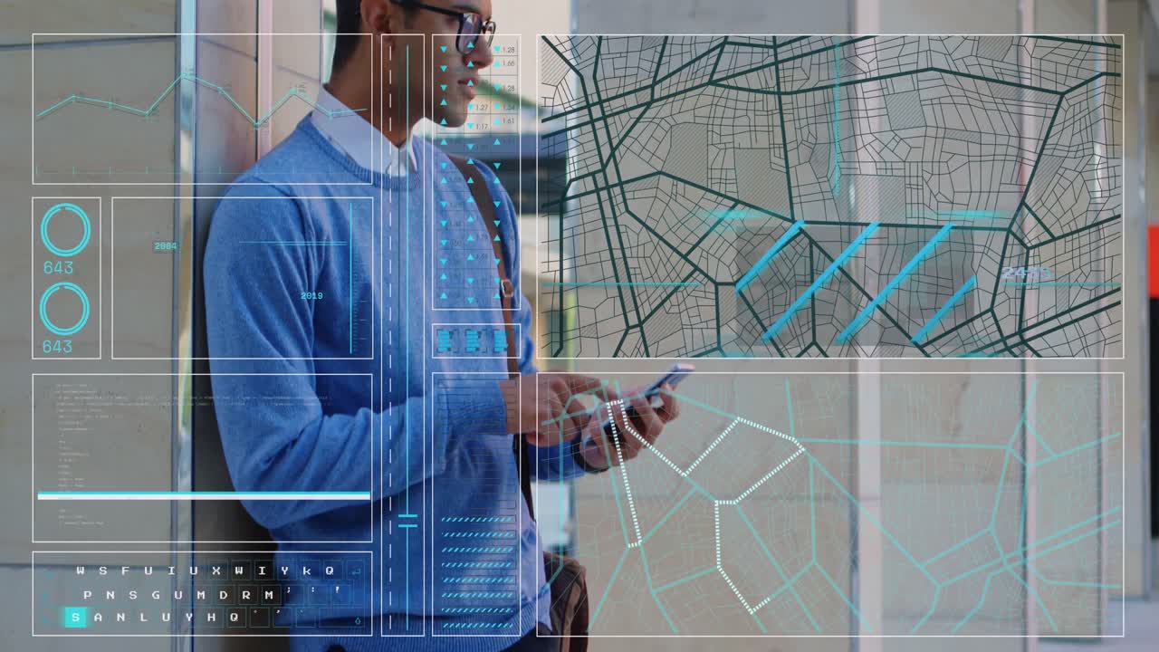 Animation of data processing over biracial man using smartphone