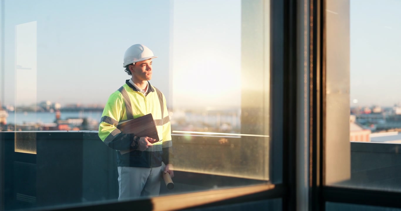 Ingeniero de construcción de pie en una azotea al atardecer