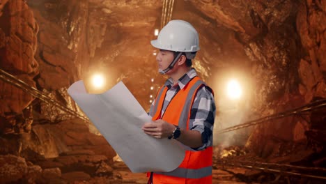 side view of asian male engineer with safety helmet looking at blueprint in his hands and looking around while standing in underground mine tunnel