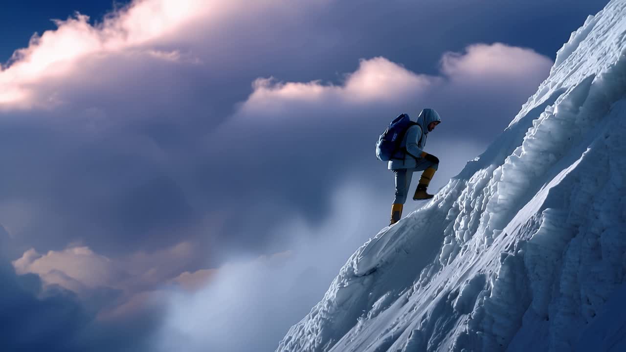 Alpinista solitario scala un ripido e ghiacciato crinale. Il cielo brilla con sfumature crepuscolari dietro. Nuvole di neve turbinano intorno alla vetta. L'alpinista mostra concentrazione e determinazione. Ideale per avventura, sopravvivenza