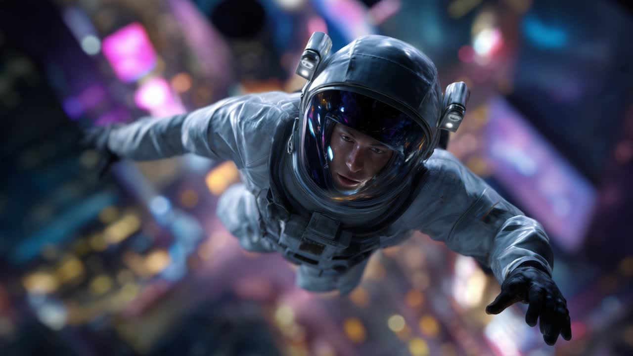 An astronaut floats gracefully above a vibrant cityscape, immersed in the neon glow and dazzling lights, capturing the essence of adventure and exploration in space