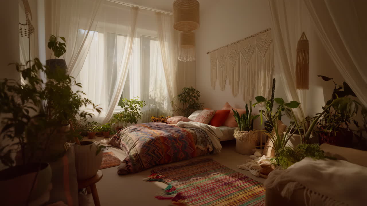Cozy Bohemian Bedroom with Abundant Plants and Natural Light