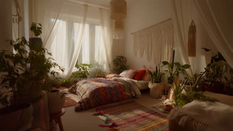 cozy bohemian bedroom with abundant plants and natural light