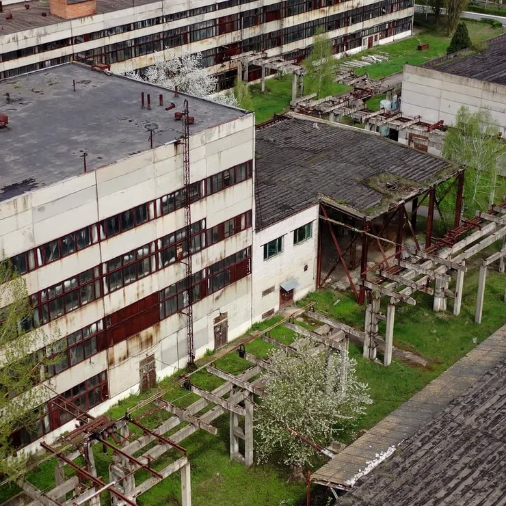 Fabbrica antica danneggiata. Vecchio impianto industriale fatiscente in primavera. Luogo abbandonato con edifici in rovina. Vista aerea.