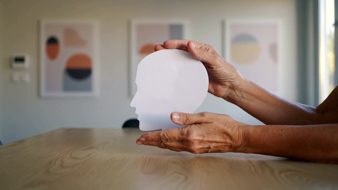 Lifting senior hands bringing white head-shaped cutout onto dining table, rotating for display