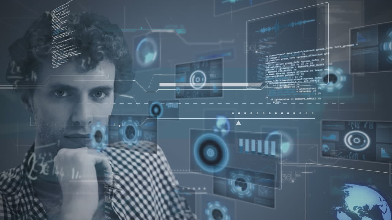 Animation of scope scanning and data processing over man looking at camera