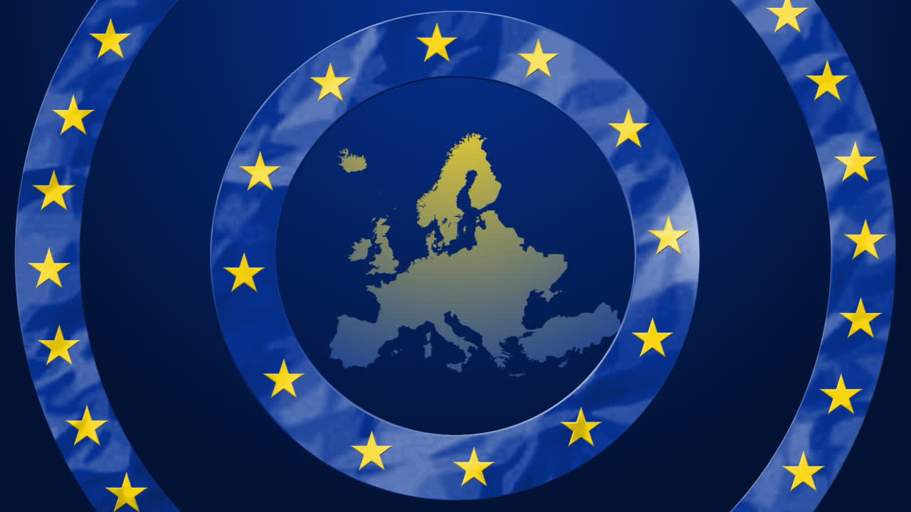 세계 지도 위에 움직이는 노란색 별의 두 원의 애니메이션