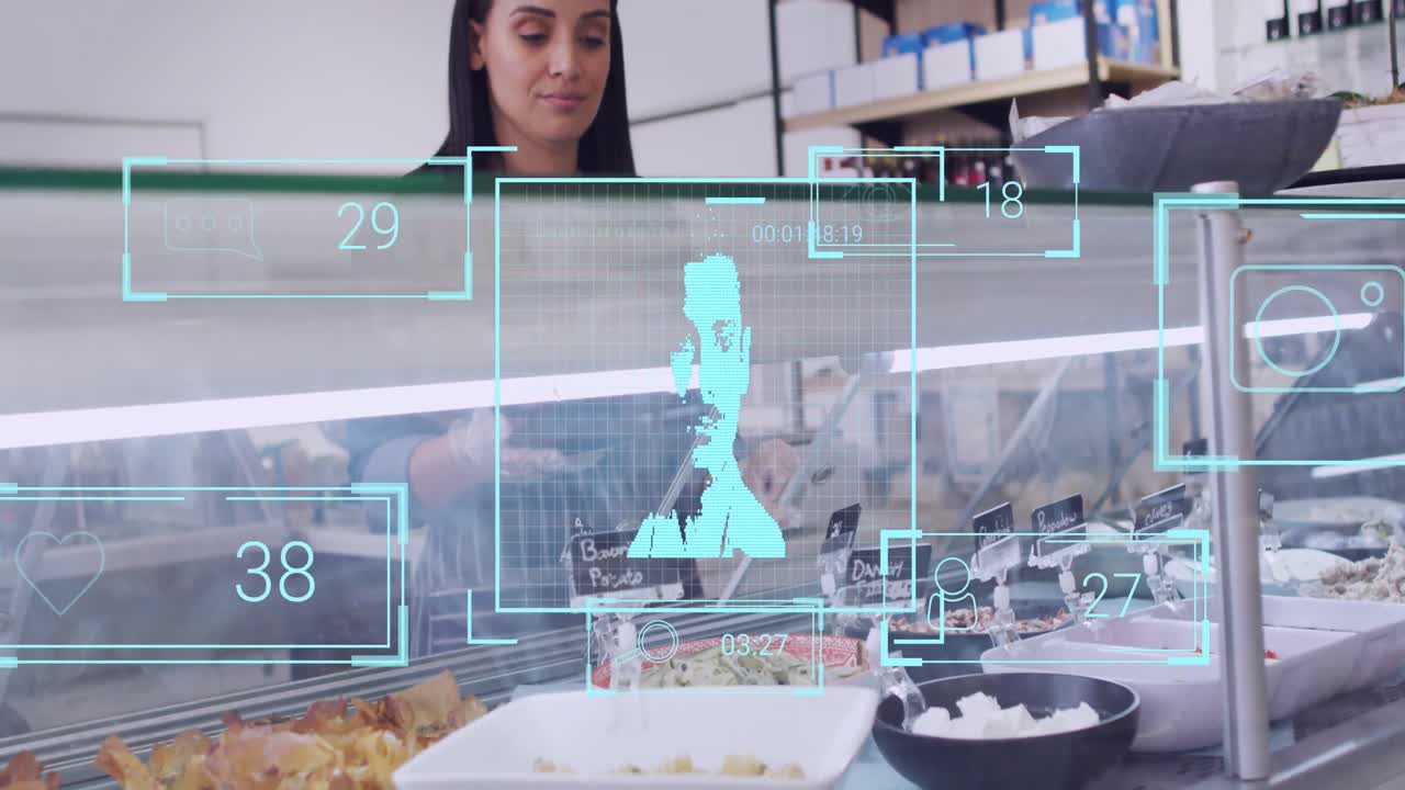animación del procesamiento de fotos biométricas y datos financieros sobre una mujer que sirve en una tienda