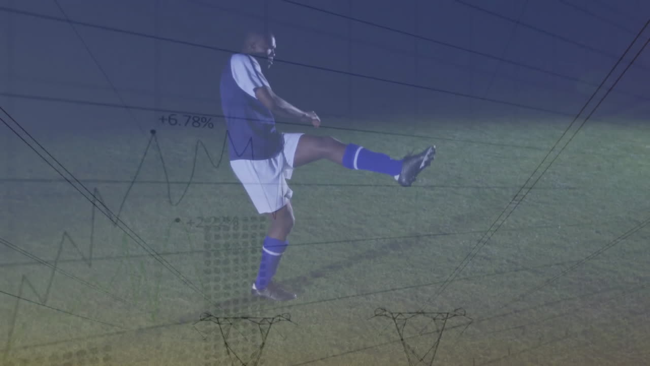 Animation of graphs with changing numbers over african american soccer player kicking ball