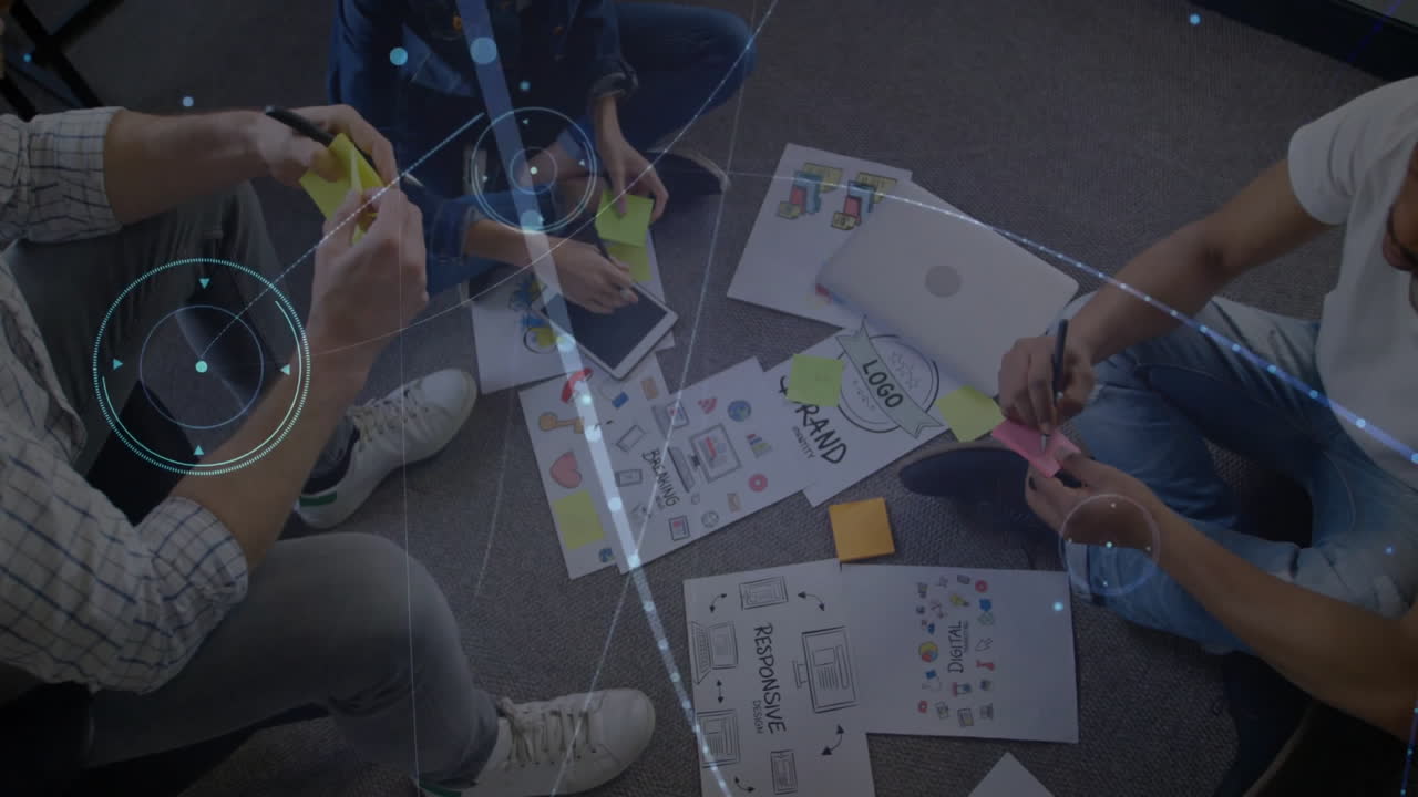 Brainstorming with sticky notes and sketches on digital interface animation