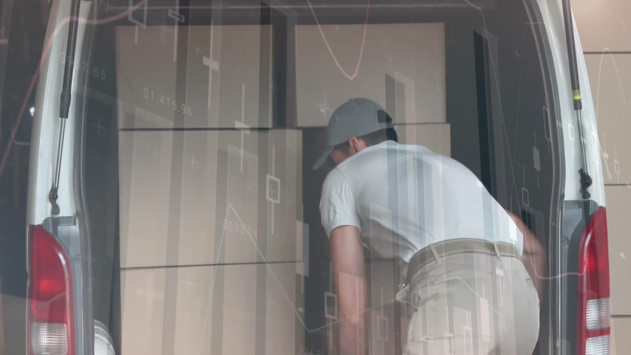 animación de estadísticas y procesamiento de datos financieros sobre el repartidor y la furgoneta